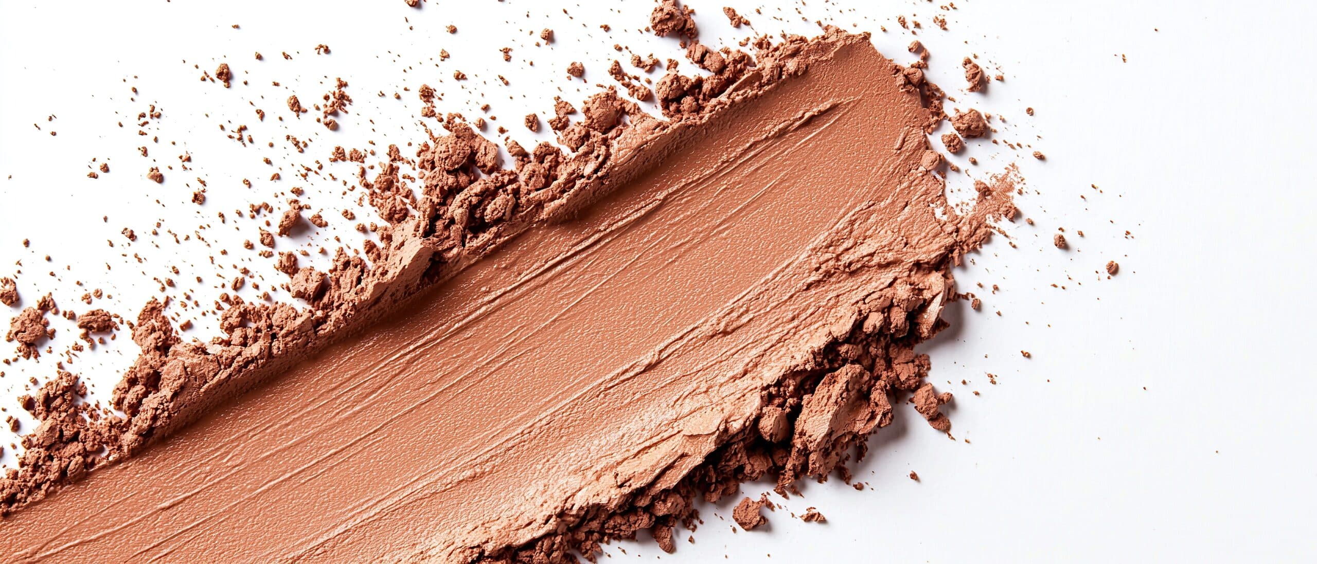 Close-up of a smooth, creamy swipe of brown makeup powder on a white background.