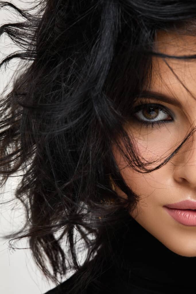 portrait of gorgeous beautiful curly brunette woman