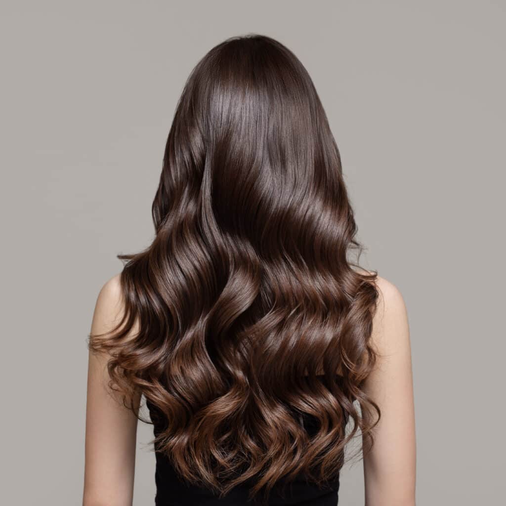Portrait of a beautiful girl with luxurious curly long hair. Back view.